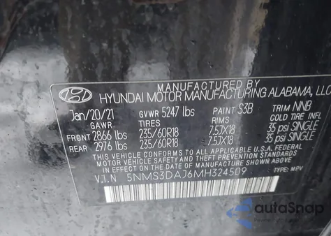 2021 Hyundai Santa Fe Sel из США, поврежденный, VIN 5NMS3DAJ6MH324509